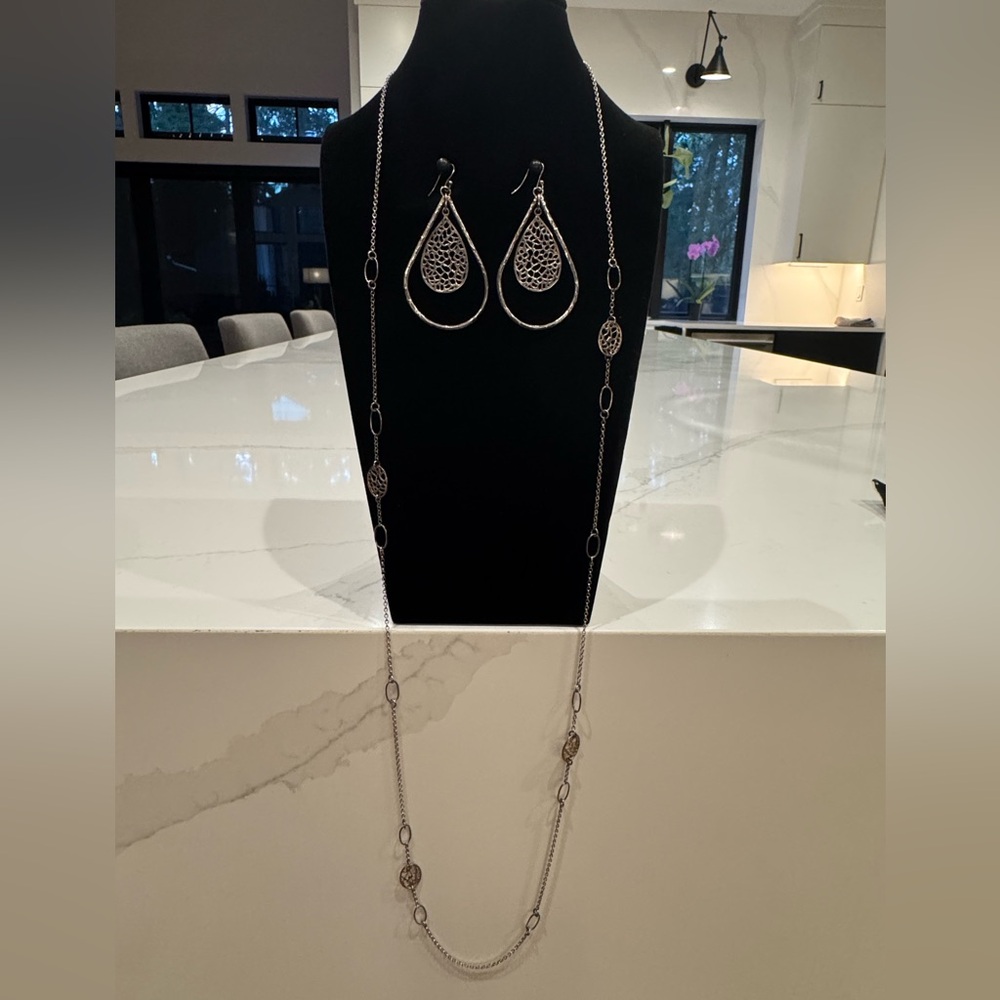 Delicate Silver Teardrop Filigree Dangle Earrings with Matching Necklace
